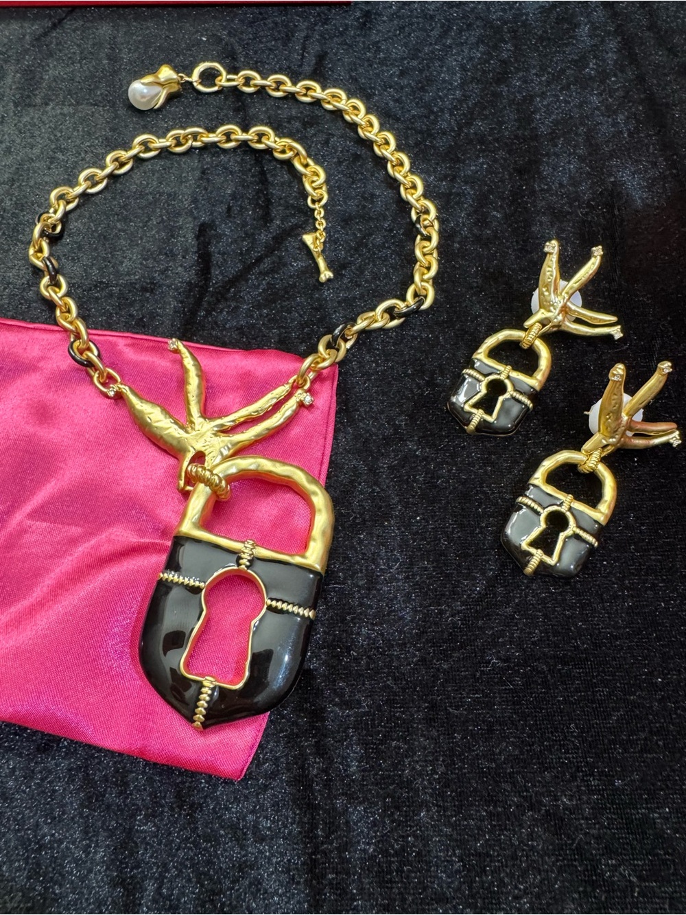 Schiaparelli Gold and Black Padlock Pendant Necklace & Earrings Set